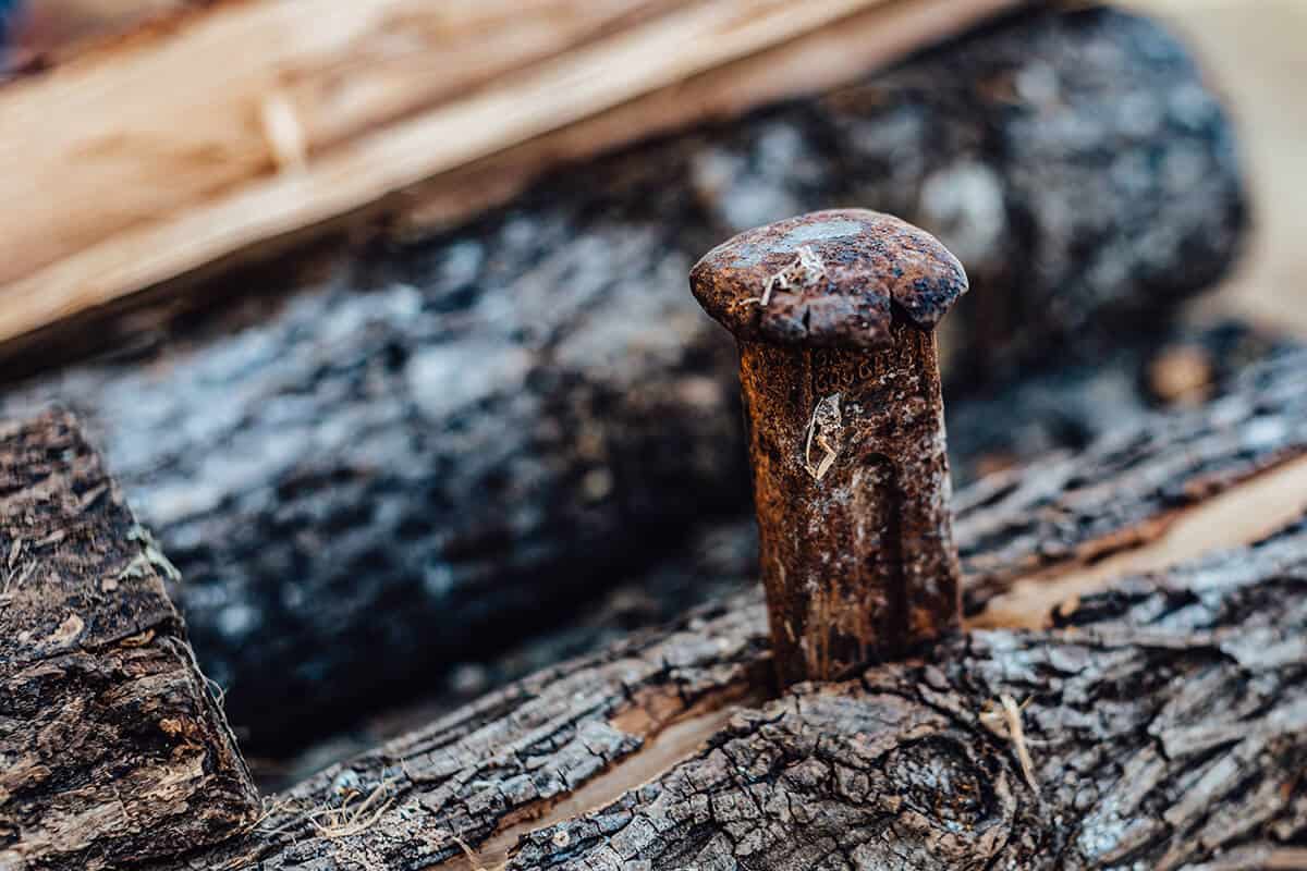 a large metal stake protrudes from a log