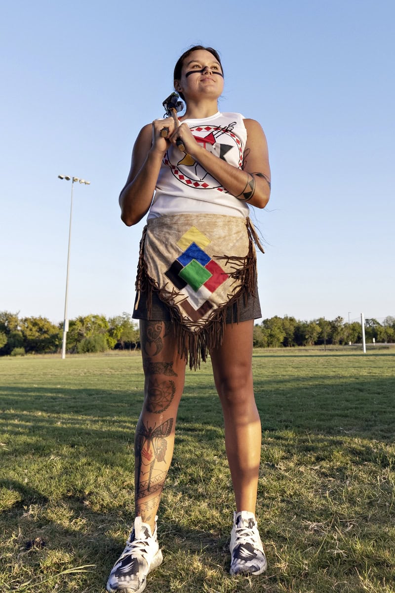 Kyra Hornbuckle in her full stickball uniform