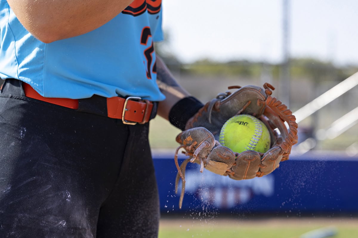 Michaela Richbourg holds a softball in her glove