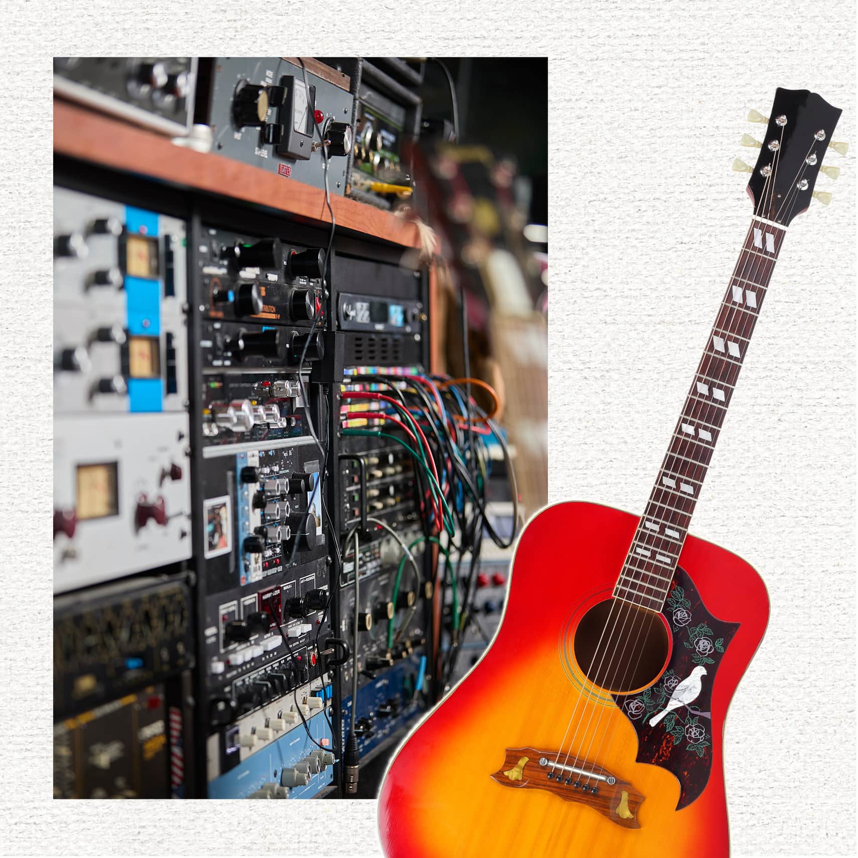 An audio rack mount with a patchbay and effect units is shown, overlaid by a sunburst colored acoustic guitar with a white bird on its pick guard