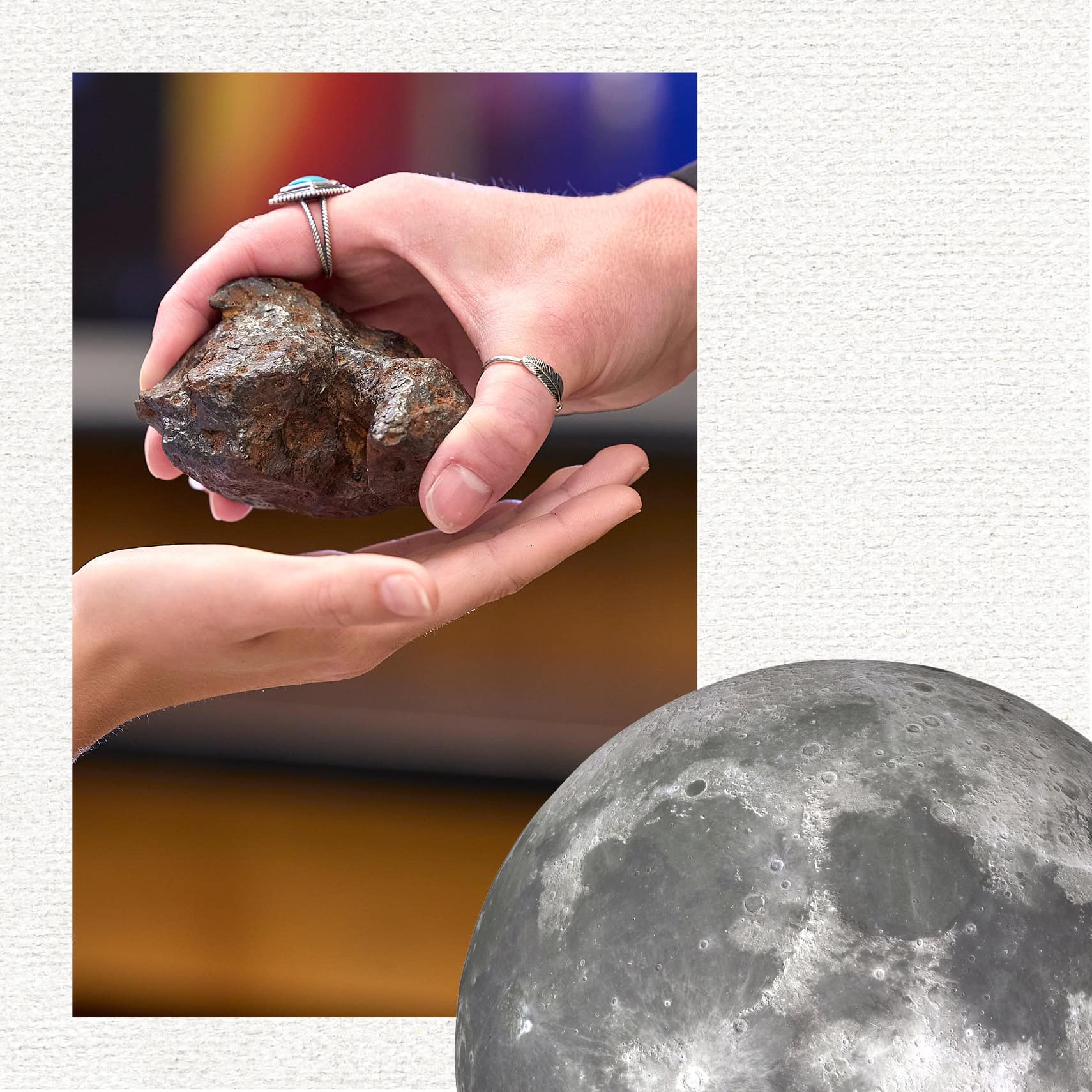 moon in right corner with rock and hand.